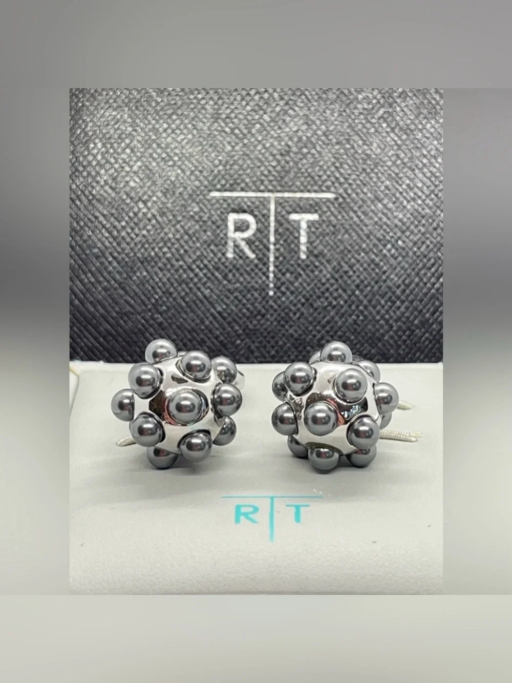Tateossian Pearl Ball Cufflinks Silver Tone Gray Boxed Designer Luxury Modern
